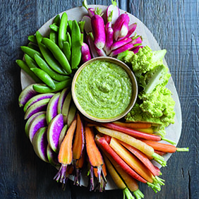 CRUDITES WITH LEMON-PARSLEY TAHINI DIP.Photography by Signe Birck